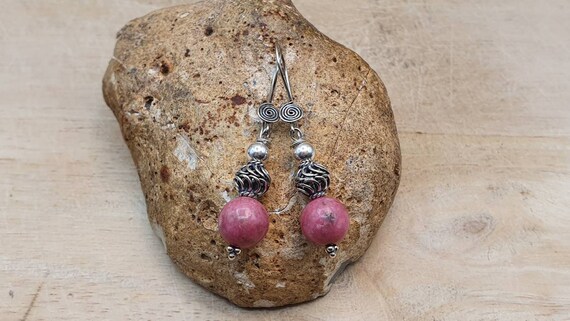 Rare Thulite Earrings. Reiki Jewelry Uk. Minimalist Bali Silver Rozalite Dangle Drop Earrings. 10mm Stone. Gift For Her