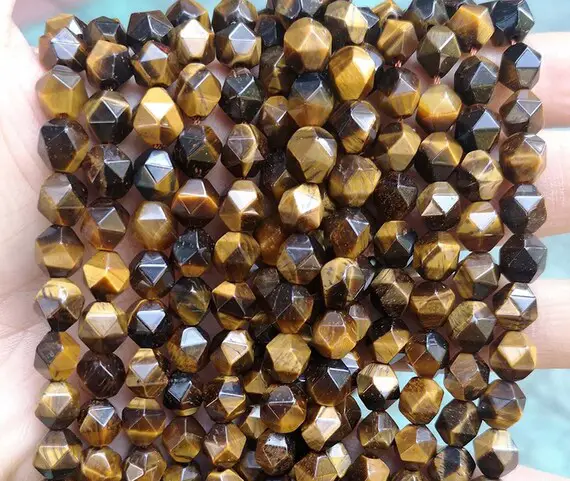 Natural Faceted Yellow Tigereye Nugget Beads,6mm 8mm 10mm Star Cut Faceted Tigereye Beads,one Strand 15"