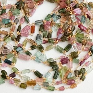 Shop Gemstone Chip & Nugget Beads! 4-8mm Multi Tourmaline Rosary Chains, Tourmaline Rough Box Connector Rosary Chains in 925 Silver Gold Polish Wire Wrap (1Ft To 5Ft Options) | Natural genuine chip Gemstone beads for beading and jewelry making.  #jewelry #beads #beadedjewelry #diyjewelry #jewelrymaking #beadstore #beading #affiliate #ad