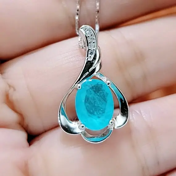 Blue Paraiba Necklace - Sterling Silver - Paraiba Tourmaline Jewelry - White Gold   Blue Gemstone Pendant - Simple 18kgp Jewelry #010