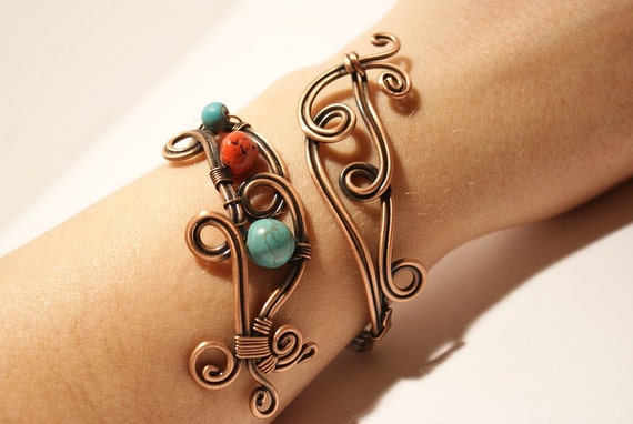 Turquoise And Coral Bracelet, Cuff Bracelet, Wrapped Wrapped Jewelry Handmade, Copper Jewelry, Copper Anniversary Gift For Women