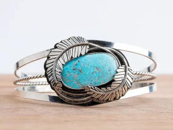 Blue Ridge Lightning Turquoise Cuff Bracelet With Feathers | Huge One Of A Kind Sterling Silver Aqua Blue Bohemian Boho Indian Navajo Cuff