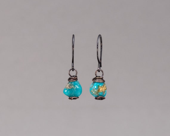 Rustic Turquoise Earrings In Copper, Small Turquoise Drop Earrings, Genuine Turquoise Earrings, Real Turquoise Gemstone Earrings