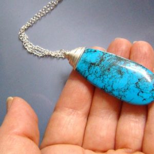 Shop Turquoise Pendants! Blue Turquoise stone Pendant Sterling Silver Necklace, long chain, December birthday gift | Natural genuine Turquoise pendants. Buy crystal jewelry, handmade handcrafted artisan jewelry for women.  Unique handmade gift ideas. #jewelry #beadedpendants #beadedjewelry #gift #shopping #handmadejewelry #fashion #style #product #pendants #affiliate #ad