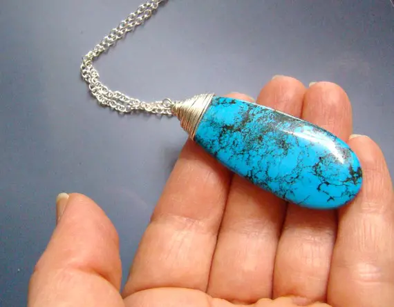 Blue Turquoise Stone Pendant Sterling Silver Necklace, Long Chain, December Birthday Gift