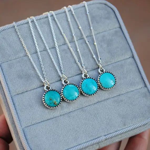 Sterling Silver Turquoise Necklace, Turquoise Round Pendant Jewelry, Turquoise Pendant