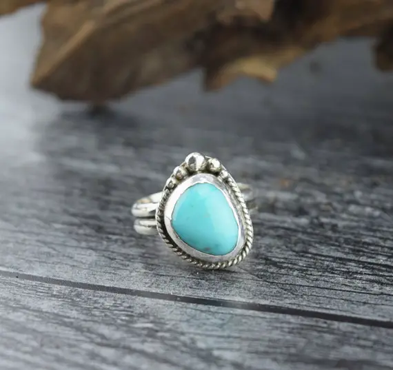 Handcrafted Sterling Silver Campitos Turquoise Ring - Size 6.75