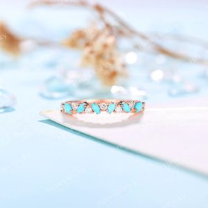 Marquise cut Turquoise Wedding band Vintage Rose Gold Moissanite Diamond band Bridal Stackable Art deco ring Matching band Anniversary band | Natural genuine Turquoise jewelry. Buy handcrafted artisan wedding jewelry.  Unique handmade bridal jewelry gift ideas. #jewelry #beadedjewelry #gift #crystaljewelry #shopping #handmadejewelry #wedding #bridal #jewelry #affiliate #ad