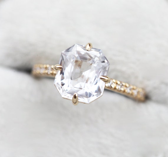White Sapphire Ring, Sapphire Engagement Ring, Radiant Cut Sapphire Ring, Large Sapphire Ring White Sapphire Ring, Sapphire Engagement Ring, Radiant Cut Sapphire Ring, Large Sapphire Ring