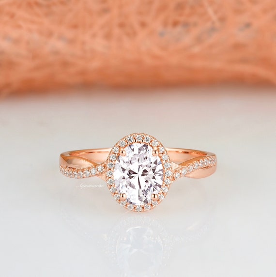 White Sapphire Leaf Ring Set In 14k Rose Gold Vermeil- Diamond Engagement Ring Twisted Vine Dainty Promise Ring Anniversary Gift For Her