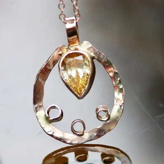 Lab Made Yellow Sapphire Pendant Solid 14k Rose Gold 585 - No Chain