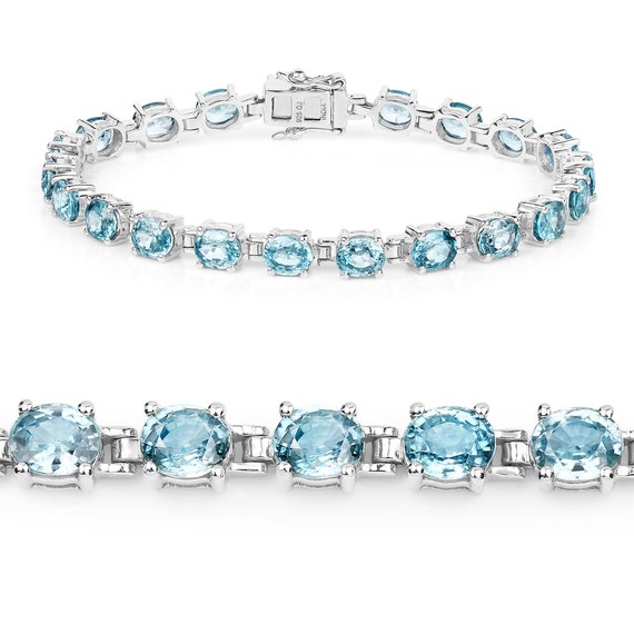 Blue Zircon Bracelet, Natural Blue Zircon Ovals Silver Tennis Bracelet, Blue Gemstone Bracelet For Her, Anniversary Bracelet Gift For Her