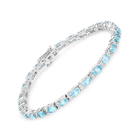 Blue Zircon Bracelet, Natural Blue Zircon Ovals Silver Tennis Bracelet, Blue Gemstone Bracelet For Her, Anniversary Bracelet Gift