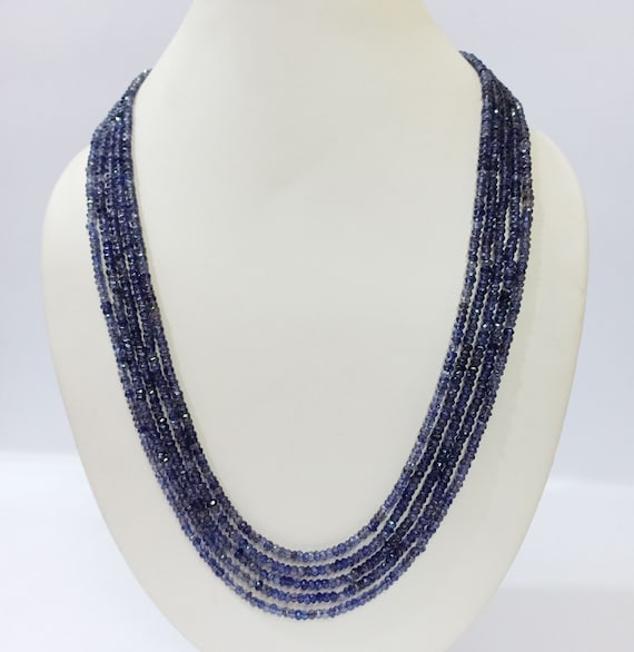 Aaa+ Iolite Necklace, Iolite Blue Water Sapphire Beads Jewelry Necklace, Natural Iolite 3-4mm Faceted Rondelle Beads 18" 5 Layer Necklace