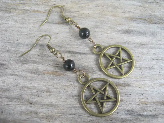 Pentacle Earrings, Black Agate Earrings, Wicca Earrings, Supernatural Jewelry, Pentagram Earrings, Boho Earrings, Black & Bronze, Wiccan