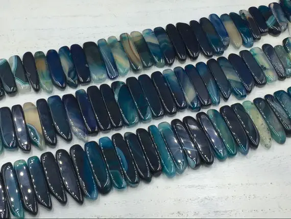 Polished Dark Blue Agate Slice Beads Stick Beads Graduated Top Drilled Natural Agate Gemstone Slice Stick Beads 15.5" Full Strand