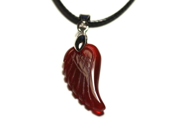 Collier Pendentif En Pierre - Aile Gravée 24mm Agate Rouge