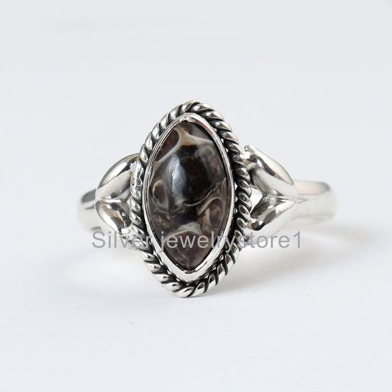 Turritella Ring, 925 Sterling Silver Ring, Turritella Agate Ring, Handmade Marquise Gemstone Ring, Silver Ring, Designer Ring