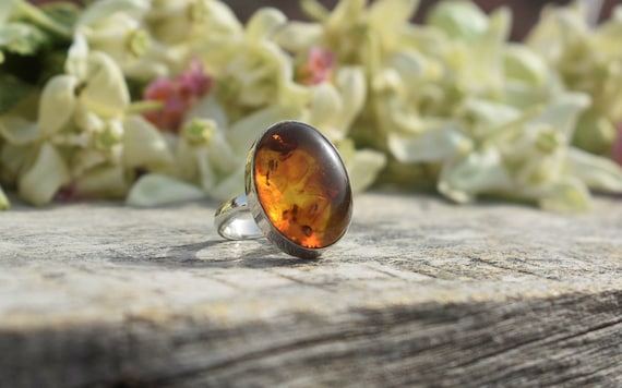 Natural Amber Ring, 925 Sterling Silver Ring, Oval Gemstone Ring, Simple Band Ring, Fire Gemstone, Statement Ring, Gift For Mom Sis, Sale