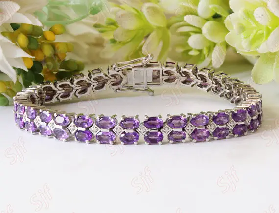 Silver Bracelet, Oval Natural Amethyst Bracelet For Birthday Gift, Antique Double Row Bracelet With Gb Lock, Silver Ready To Ship Jewelry...