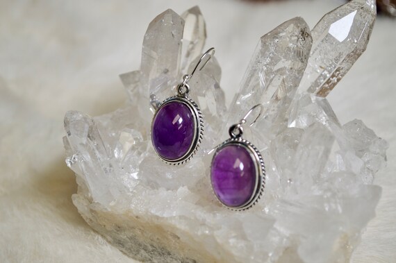 Delicate Rope Detailed Oval Amethyst Dangle Earrings // Amethyst Jewelry // Metaphysical Jewelry // Sterling Silver // Village Silversmith