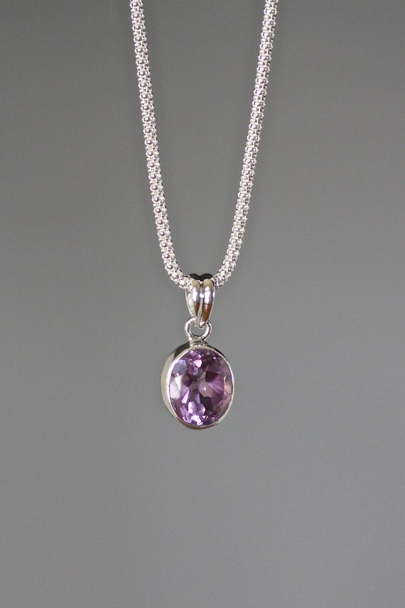 Amethyst Pendant Necklace - Bali Silver Necklace - Purple Gemstone Necklace - February Birthstone Jewelry - Oval Gem Pendant