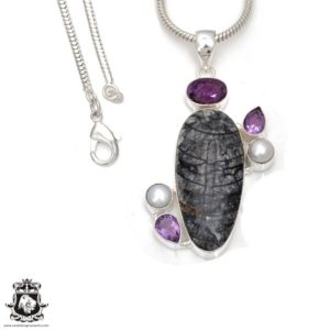 Shop Amethyst Pendants! Orthoceras Fossil Amethyst 925 Sterling Silver Pendant & 3MM Italian 925 Sterling Silver Chain Necklace P7829 | Natural genuine Amethyst pendants. Buy crystal jewelry, handmade handcrafted artisan jewelry for women.  Unique handmade gift ideas. #jewelry #beadedpendants #beadedjewelry #gift #shopping #handmadejewelry #fashion #style #product #pendants #affiliate #ad