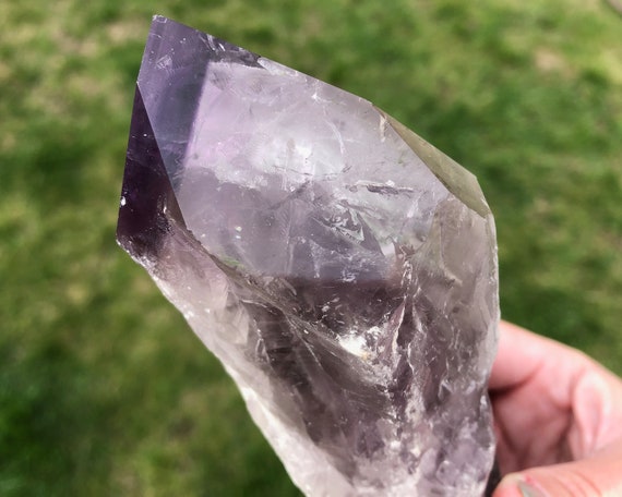 8.1" Bahia Amethyst Crystal Point #8 Large Phantom Crystal Wand, Elestial Smoky, Polished Termination, Raw Sides, February Birthstone Gift
