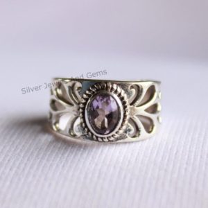 Natural Amethyst Ring, 925 Sterling Silver, Oval Amethyst Ring, Wide Band Ring, Birthday Gift, February Birthstone, Handmade Silver Ring | Natural genuine Array jewelry. Buy crystal jewelry, handmade handcrafted artisan jewelry for women.  Unique handmade gift ideas. #jewelry #beadedjewelry #beadedjewelry #gift #shopping #handmadejewelry #fashion #style #product #jewelry #affiliate #ad