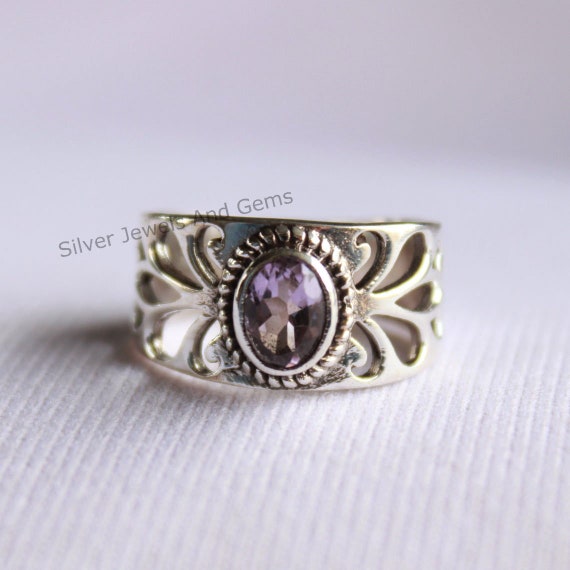 Natural Amethyst Ring, 925 Sterling Silver Ring, Oval Amethyst Ring, Wide Band Ring, Birthday Gift, February Birthstone, Handmade Ring