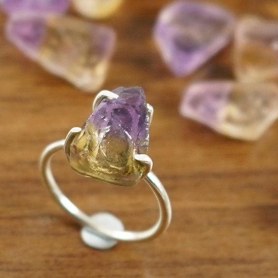 Raw Ametrine Ring, Rhodium Over Silver, Handmade Ring, Natural Gemstone Ring, Statement Ring, Raw Crystal Ring, Gift For Her