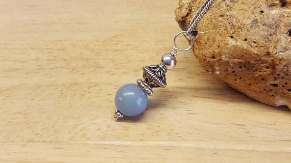 Blue Angelite Pendant Necklace. Bali Silver Beads. Crystal Reiki Jewelry Uk.