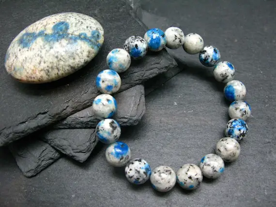 K2 Azurite In Granite Genuine Bracelet ~ 7 Inches  ~ 10mm Round Beads