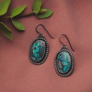 Shop Azurite Earrings! Azurite Gemstone Dangle Earrings | Big Boho Style Oval Oxidized Black Sterling Silver Teal Blue Green Drop Earrings With Beaded Border | Natural genuine Azurite earrings. Buy crystal jewelry, handmade handcrafted artisan jewelry for women.  Unique handmade gift ideas. #jewelry #beadedearrings #beadedjewelry #gift #shopping #handmadejewelry #fashion #style #product #earrings #affiliate #ad