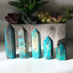 Beautiful  Chrysocolla Points, Crystal Point/Towers, Home Decor, Gemstone, Carved Crystal | Natural genuine stones & crystals in various shapes & sizes. Buy raw cut, tumbled, or polished gemstones for making jewelry or crystal healing energy vibration raising reiki stones. #crystals #gemstones #crystalhealing #crystalsandgemstones #energyhealing #affiliate #ad