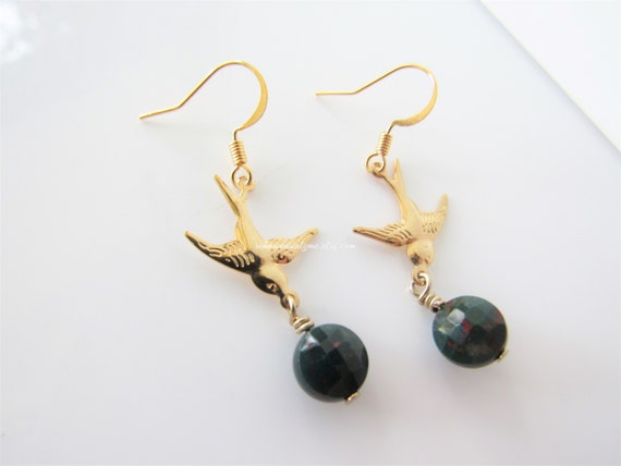 Bloodstone Earrings - Boho Dangle, Swallow Bird, Nature Jewelry For Women, Gemstone