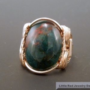 Shop Bloodstone Rings! 14 k Gold Filled Heliotrope Bloodstone Cabochon Wire Wrapped Ring | Natural genuine Bloodstone rings, simple unique handcrafted gemstone rings. #rings #jewelry #shopping #gift #handmade #fashion #style #affiliate #ad