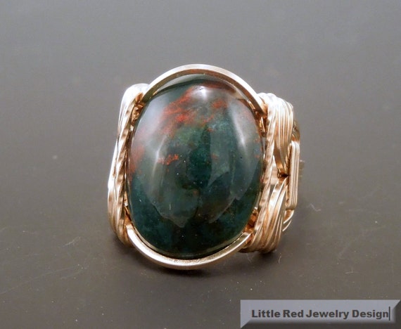 14 K Gold Filled Heliotrope Bloodstone Cabochon Wire Wrapped Ring