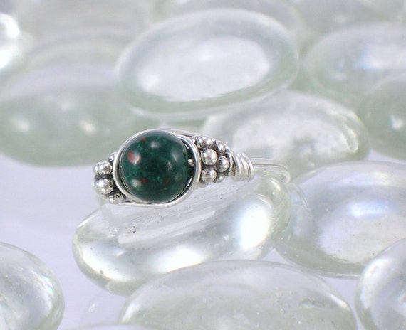 Heliotrope Bloodstone Sterling Silver Bali Bead Ring - Any Size