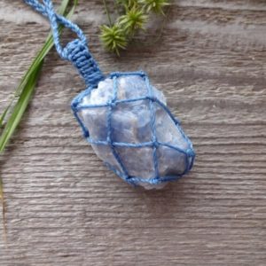 Shop Blue Calcite Jewelry! Massive rough Blue Calcite pendant macrame necklace | Natural genuine Blue Calcite jewelry. Buy crystal jewelry, handmade handcrafted artisan jewelry for women.  Unique handmade gift ideas. #jewelry #beadedjewelry #beadedjewelry #gift #shopping #handmadejewelry #fashion #style #product #jewelry #affiliate #ad