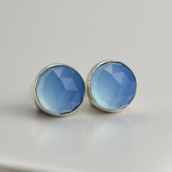 Blue Chalcedony 6mm Rose Cut Sterling Silver Stud Earrings Pair