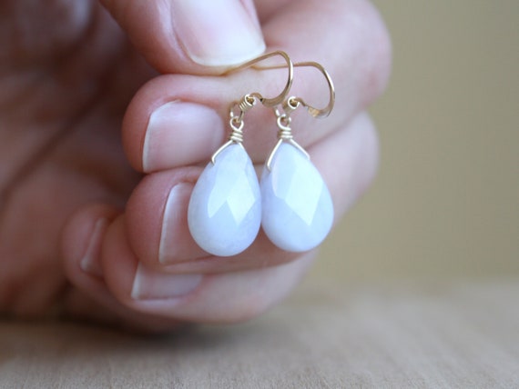 Blue Chalcedony Earrings . Anxiety Earrings . Natural Gemstone Teardrop Earrings 14k Gold Filled