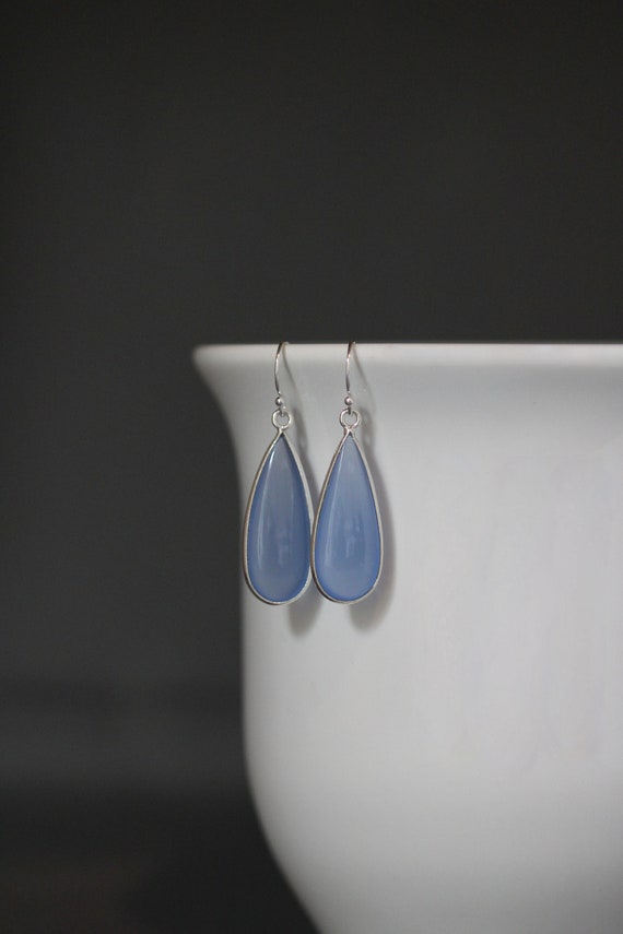 Blue Chalcedony Earrings - Blue Gemstone Earrings - Blue And Silver Earrings - Silver Bezel Earrings - Teardrop Earrings