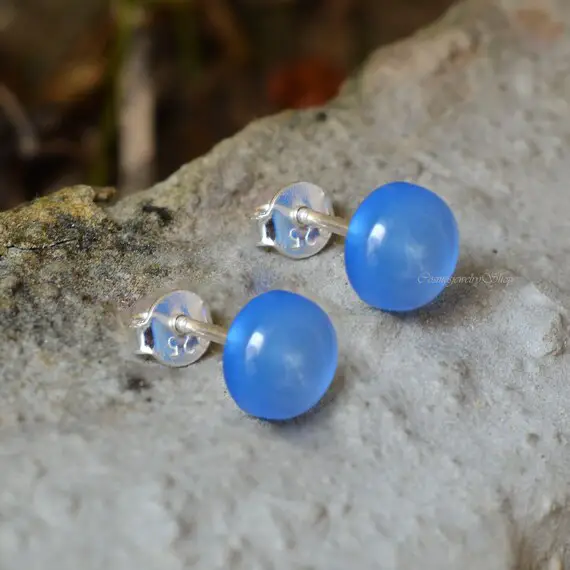 Blue Chalcedony Stud Earrings- Blue Chalcedony 7x7 Mm Round Cabochon Silver Earrings, Blue Chalcedony Gemstone Earrings, Chalcedony Stud