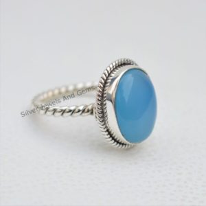 Shop Blue Chalcedony Rings! Natural Chalcedony Ring, Blue Gemstone Ring, 925 Sterling Silver, Oval Blue Chalcedony Ring, Gift For Mother, Sagittarius Birthstone Ring | Natural genuine Blue Chalcedony rings, simple unique handcrafted gemstone rings. #rings #jewelry #shopping #gift #handmade #fashion #style #affiliate #ad