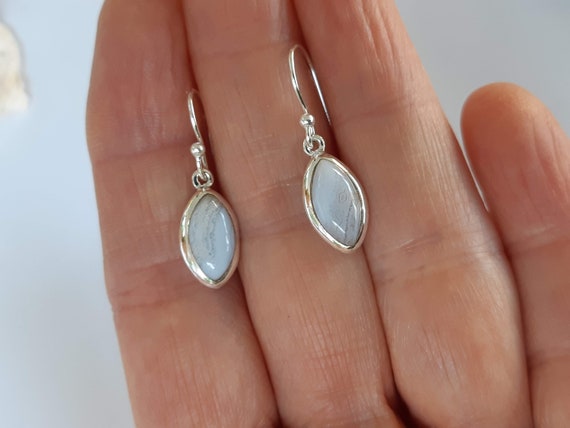 Blue Lace Agate Earrings, Marquise Shaped Gemstome, 92.5 Sterling Silver, Ear Hook Option