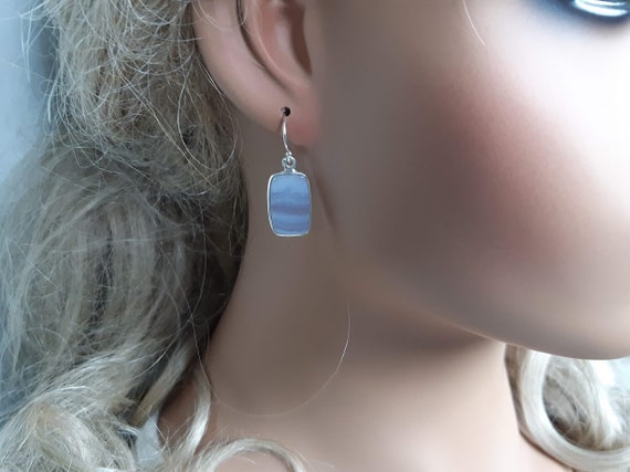 Blue Lace Agate Earrings, Rectangular, 92.5 Sterling Silver, Light Weight Earrings, Ear Hook Option