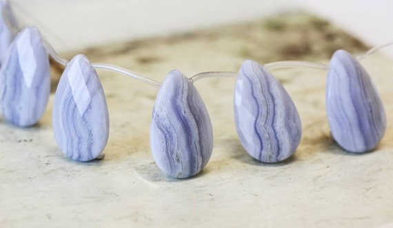 Xl/ Blue Lace Agate 23x38mm Flat Pear Briolette Beads 8" Strand 6pcs Natural Light Blue Banded Agate Fine Cut Pear Drop For Jewelry Making