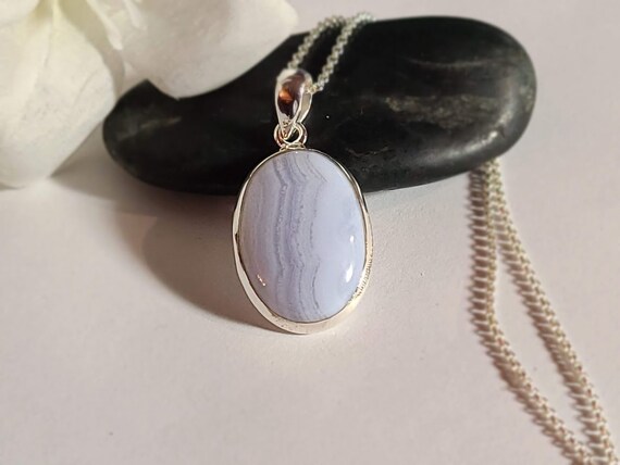 Blue Lace Agate Pendant, Handmade Oval Pendant ,92.5 Sterling Silver, Silver Chain Option