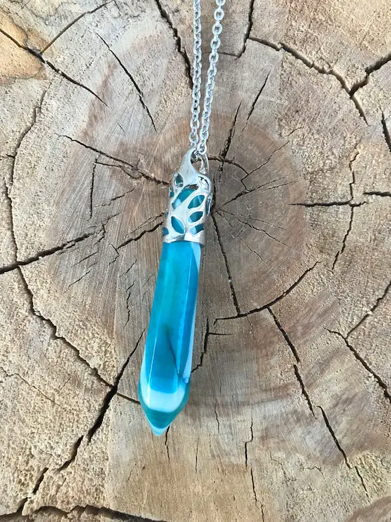Natural Blue Lace Agate Pendant - Blue Agate - Reiki Pendant - Harmony And Healing Jewelry - Blue Agate Pendant Gift - Stainless Steel Chain